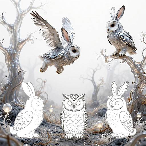 Mystical Owl Line Art Surreal Scene