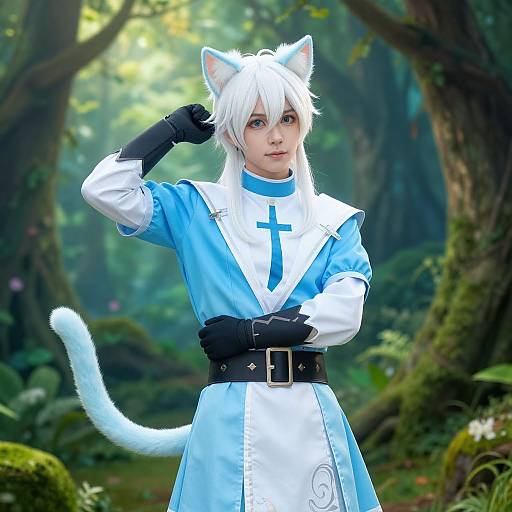 Digital art of a white-haired, blue-eyed anime catgirl in a blue and white medieval-style dress, forest background, white cat ears and tail,