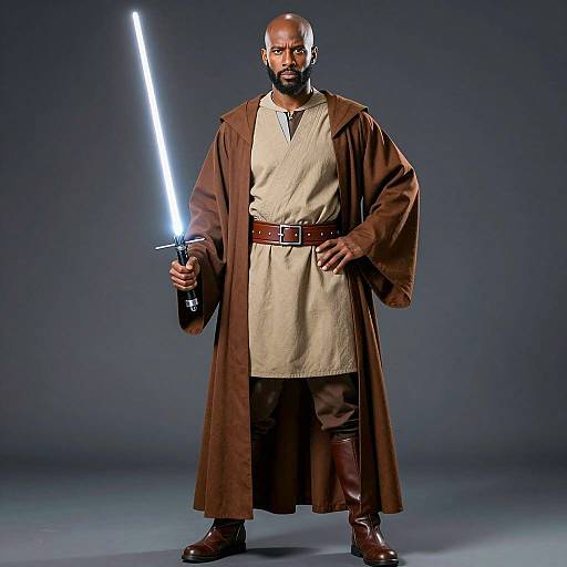 Man in Jedi Costume Holding Lightsaber