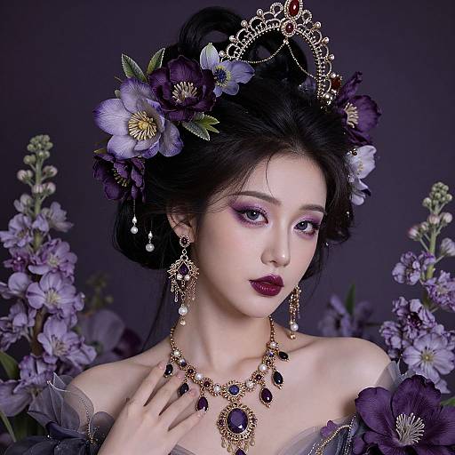Photograph of an East Asian woman with pale skin, dark hair adorned with purple flowers, wearing a gold tiara, purple eyeshadow, dark