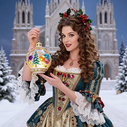Photorealistic digital artwork of a curly-haired, fair-skinned princess holding a colorful Christmas ornament, wearing an ornate blue and gold dress, in