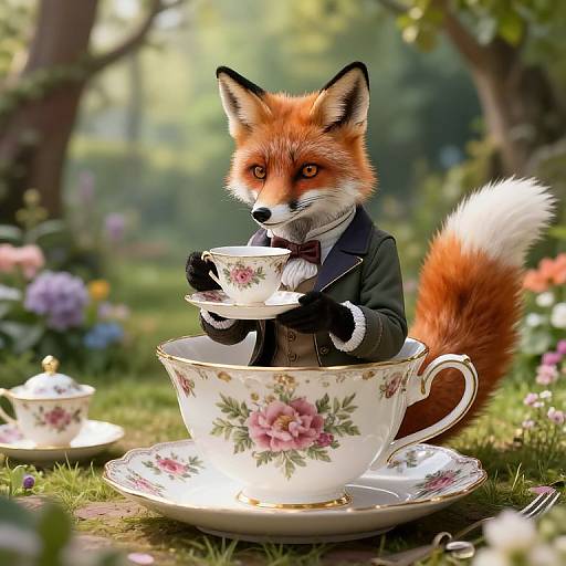 Digital artwork: anthropomorphic fox in a black suit, holding a floral teacup, seated in a oversized teacup on a grassy garden