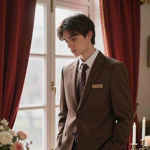 Young Man in Brown Suit by Window