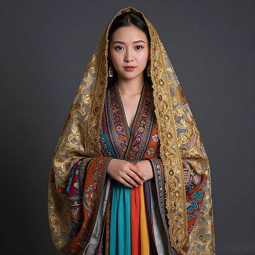 Photograph of an Asian woman with fair skin, wearing an ornate, gold-embroidered traditional dress, draped over her head, against a
