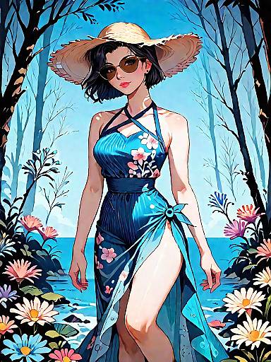 Stylish Woman in Floral Swimsuit with Straw Hat