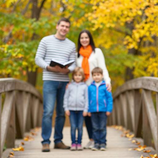 Blurred photograph of a smiling Caucasian family with two boys and a woman standing on a wooden bridge in autumn. Man in striped shirt, woman in white