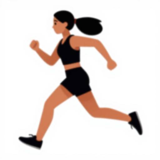 Digital illustration of a fit, black-haired woman in a black sports bra and shorts, running against a white background.