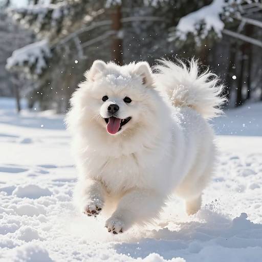 Fluffy white Samoyed dog joyfully running in snowy forest, tongue out, snowflakes falling, bright sunlight highlighting fur, trees in background