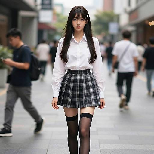 Photograph of an Asian woman with long black hair, wearing a white blouse, black plaid skirt, and thigh-high stockings, standing on a busy