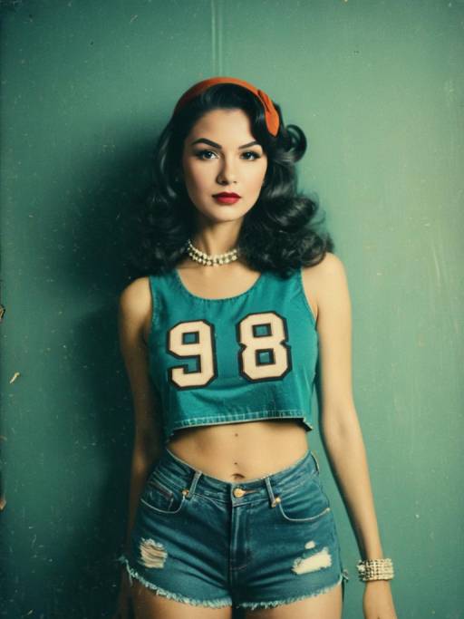 Retro Style Woman in Denim Shorts