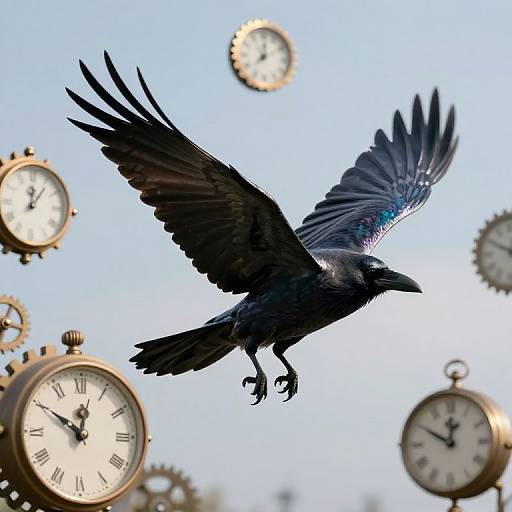 Photograph of a black crow with outstretched wings flying against a clear blue sky, surrounded by multiple antique brass clocks.