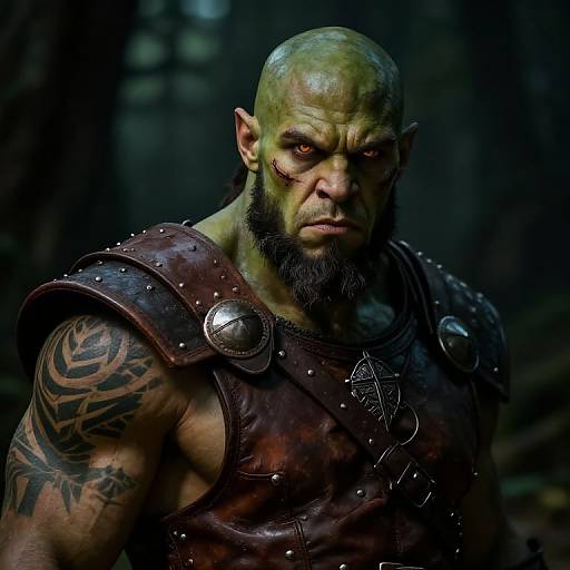 Photorealistic CGI of a muscular, bald orc with green skin, red eyes, black beard, tribal tattoos, and dark leather armor in a dark