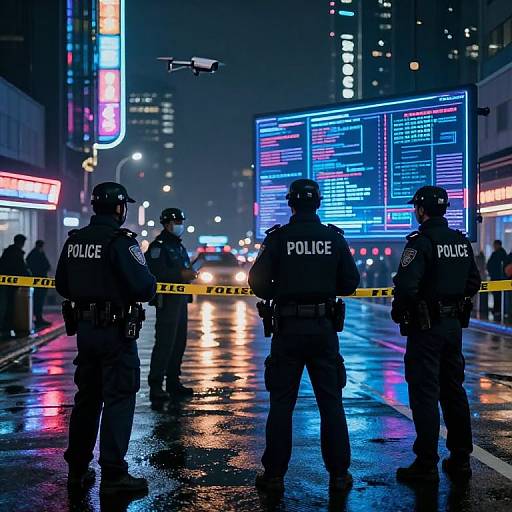 Photograph of four police officers in dark uniforms, standing on a neon-lit, rain-soaked city street with yellow caution tape, a hovering drone