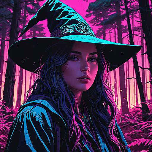 Neon Synthwave Forest Witch Portrait