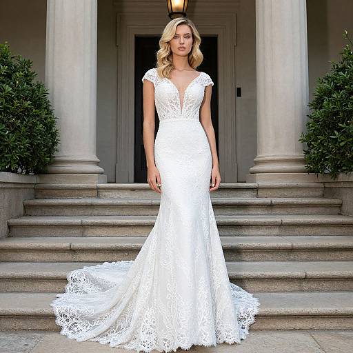 Photograph of a blonde woman in a white lace, V-neck, fitted wedding dress standing on stone steps with columned building background.