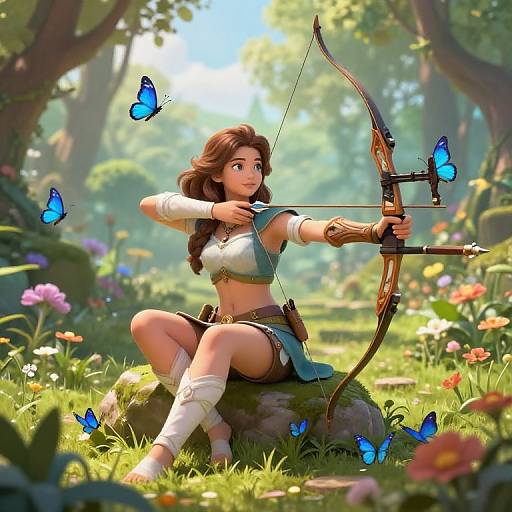 Digital illustration of a beautiful, brown-haired archer woman in a forest, wearing a white crop top, blue skirt, and white bandages, with