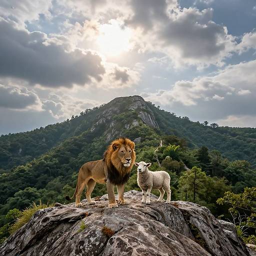 Photograph of a majestic lion and a white sheep standing on a rocky mountain peak, with a forested hill and cloudy sky in the background.