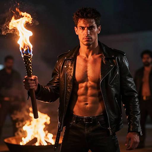Photograph of a muscular, shirtless man with short dark hair, holding a flaming torch, wearing a black leather jacket, standing in front of a