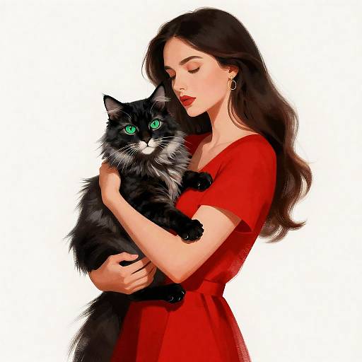 Woman in Red Dress Holding Black Tabby Cat