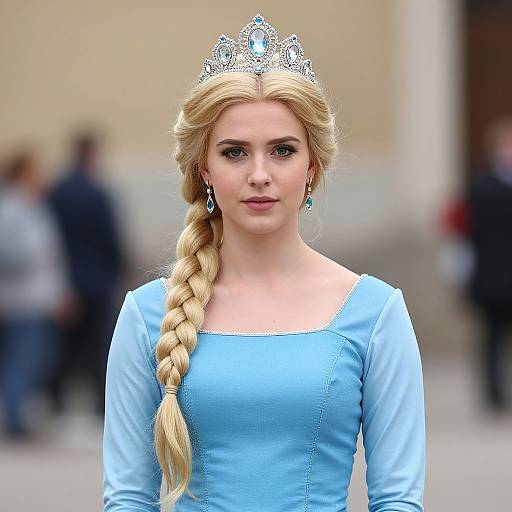 Photograph of a blonde woman with a braided ponytail, wearing a silver tiara, blue dress, and matching earrings, standing outdoors with a