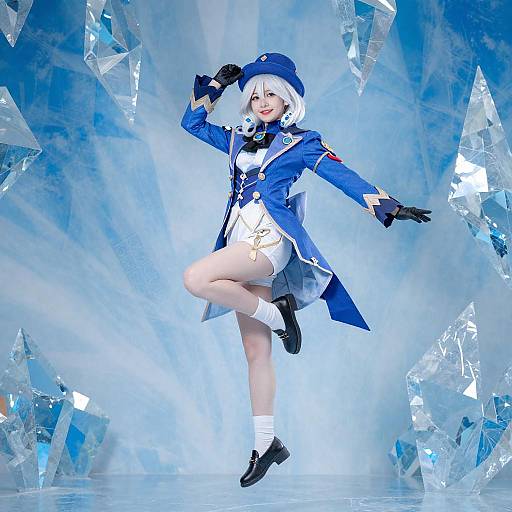 Cosplayer in Blue Ice Mid-Air Pose