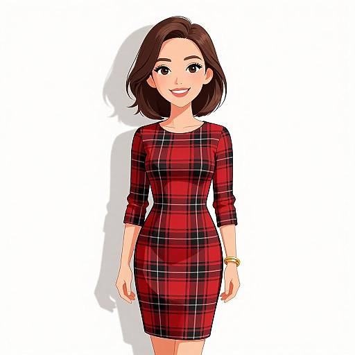 Smiling Woman in Tartan Dress