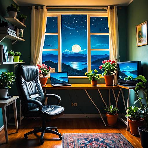 Cozy Home Office with Night View