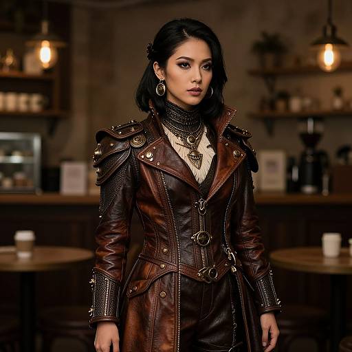 Photograph of an Asian woman with dark hair, wearing a brown leather military-style jacket with gold accents, standing in a dimly lit, rustic café