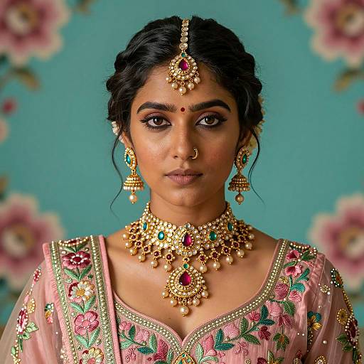 South Asian Woman in Traditional Jewelry and Embroidered Outfit