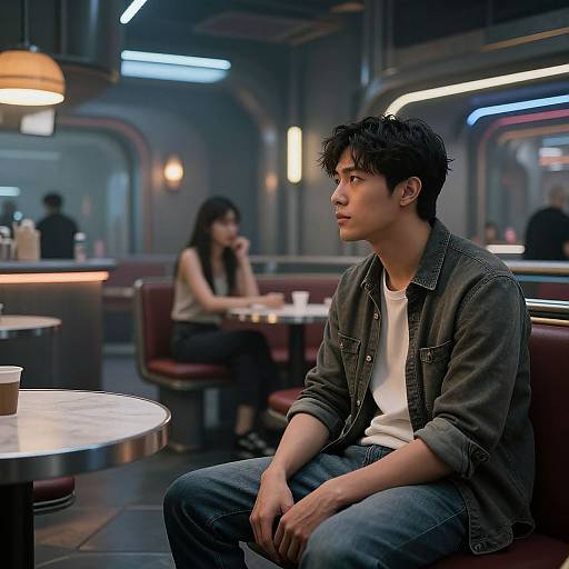 Photograph of an Asian man with short black hair, wearing a denim shirt and white tee, sitting alone in a dimly lit, futuristic diner,
