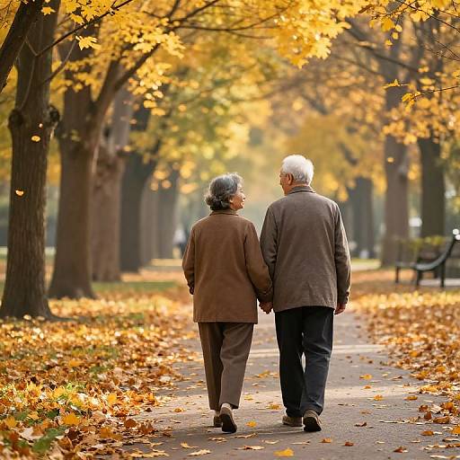 Photograph of an elderly couple holding hands, walking down a leaf-covered path in a park with golden autumn trees.