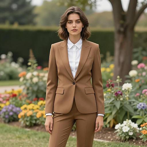 Young Woman in Brown Suit in Garden
