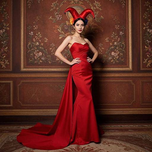 Photograph of a slender woman in a strapless, red, floor-length gown with a long train, wearing red devil horns, standing confidently in an