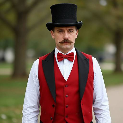 Photograph of a pale-skinned man with a mustache, wearing a black top hat, red vest, white shirt, and red bow tie,