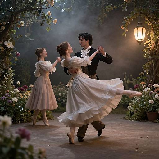 Photograph of a romantic ballroom dance scene: a man in a black tuxedo and white bow tie, dancing with a woman in a flowing