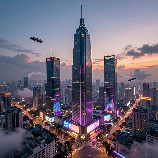 Photograph of a futuristic city skyline at dusk, featuring neon-lit skyscrapers, flying drones, illuminated roads, and a twilight sky with pink