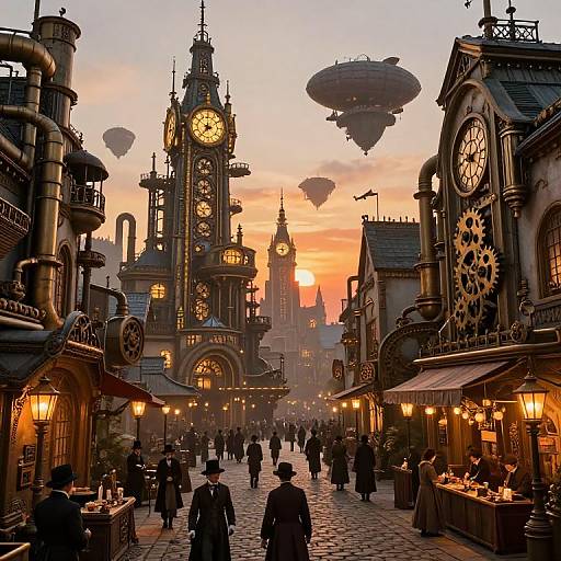 Steampunk-style market street at sunset, featuring clock towers, airships, and lanterns, with Victorian-era dressed people strolling and shopping.