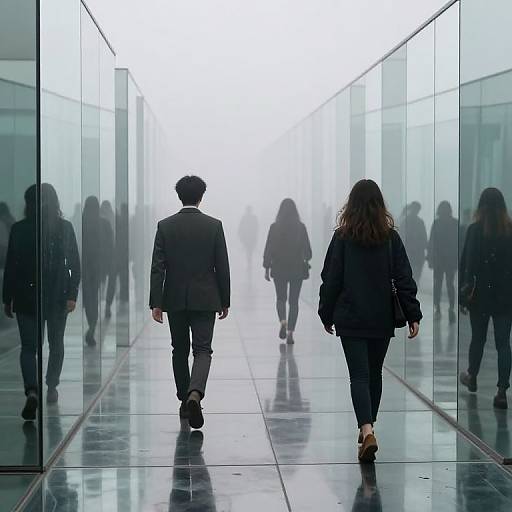 Photograph of a misty glass-walled hallway with reflections, showing a man and a woman in black business attire walking away from the camera.