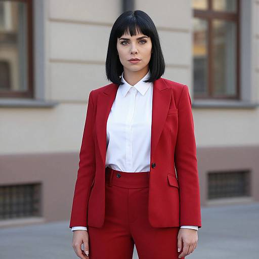Photograph of a serious-looking woman with black bob haircut, wearing a red suit and white shirt, standing in front of a building with large windows.