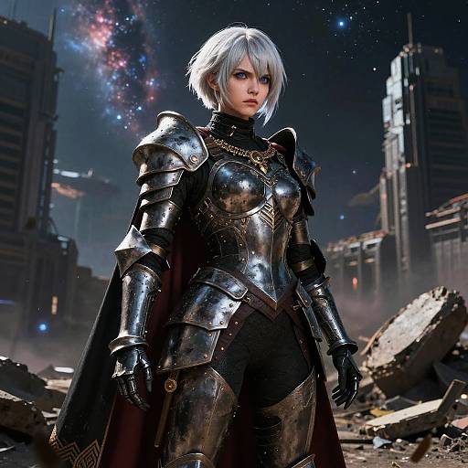 CGI image of a white-haired woman in shiny black medieval armor standing in a ruined, futuristic cityscape with a galaxy backdrop.