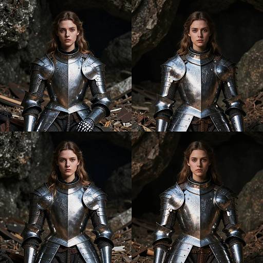 Photograph of a young woman with long brown hair in shiny, silver medieval armor, standing in a dimly lit, rocky cave. Four identical images