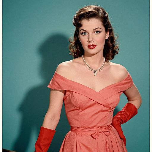 Vintage photograph of a fair-skinned woman with dark, wavy hair, wearing a pink off-shoulder dress, red gloves, and necklace,