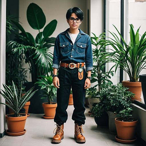 Boy in Denim Shirt with Plants Indoors
