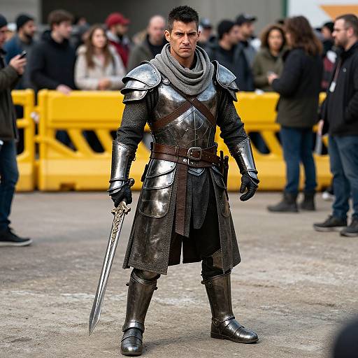 Photograph of a muscular man in medieval armor with a gray cloak, holding a sword, standing in a crowd against a yellow barricade. Background features