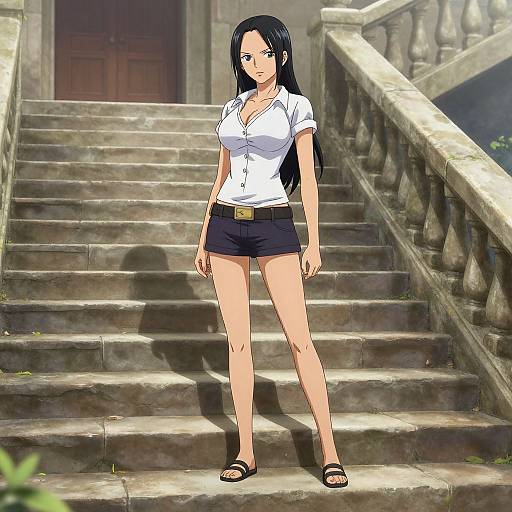 Anime-style digital illustration of a slender, long-haired woman with black hair, wearing a white blouse, black shorts, and sandals, standing on ancient stone