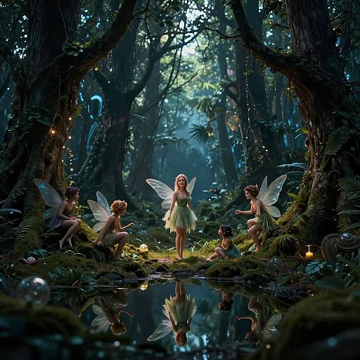 Photograph of a mystical forest scene with four fairy-like children with delicate wings, wearing green and yellow dresses, gathered around a glowing candle-lit pond