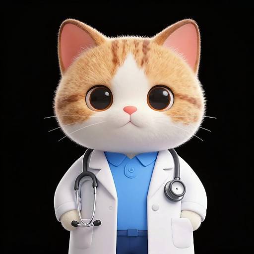Digital illustration of a cute, wide-eyed orange and white cat wearing a white doctor's coat, blue shirt, and stethoscope, against a black