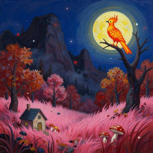 Surreal Firebird in Glowing Autumn Forest