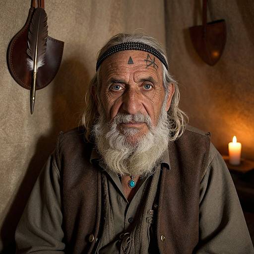 Photograph of an elderly white man with gray beard, black headband, tribal tattoos, brown vest, turquoise necklace, candlelit rustic background.