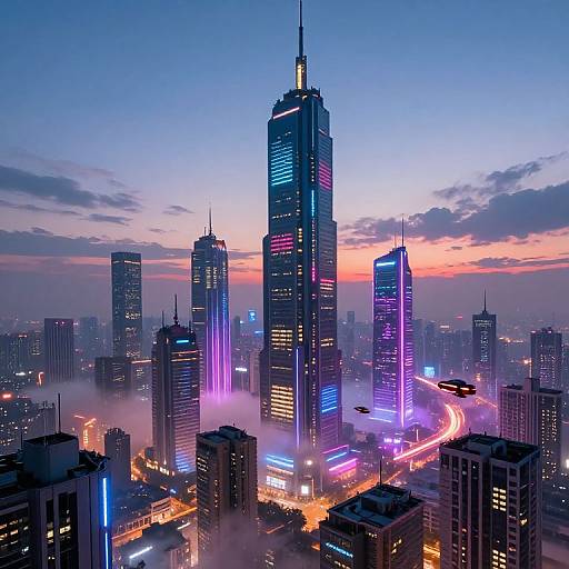 Photograph of a vibrant cityscape at dusk, featuring tall skyscrapers with neon lights, colorful illuminated windows, and a busy, curved highway with